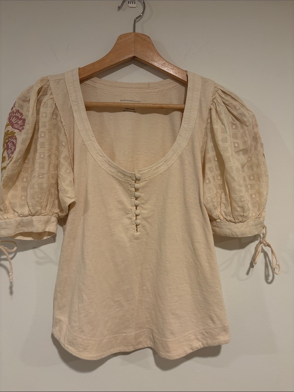 Anthropologie Cream Scoop-Neck Puff Sleeve Top